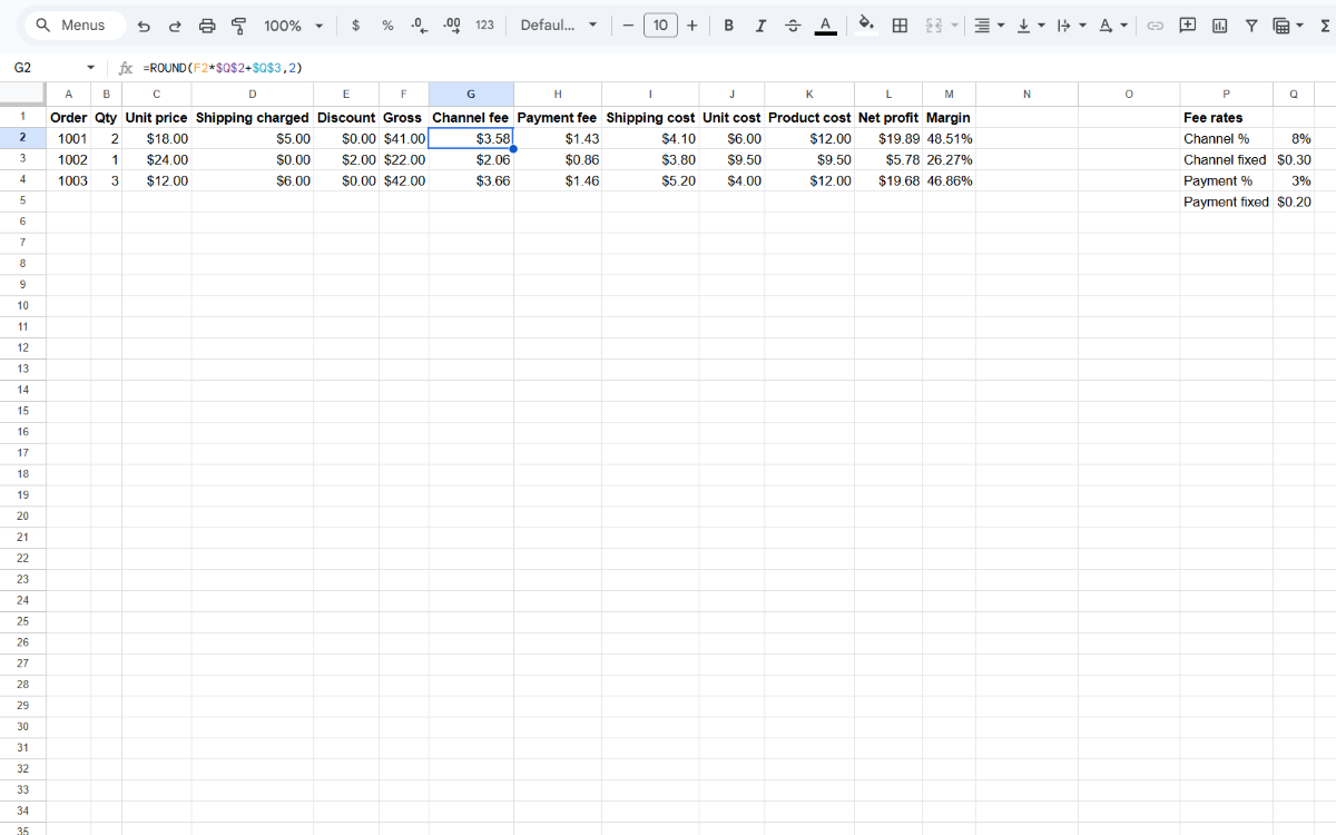 Fee rate cells used by the fee formulas, next to the order table