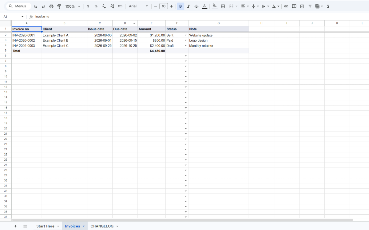 Invoices tab of the Free Invoice Log with three example rows and a totals row