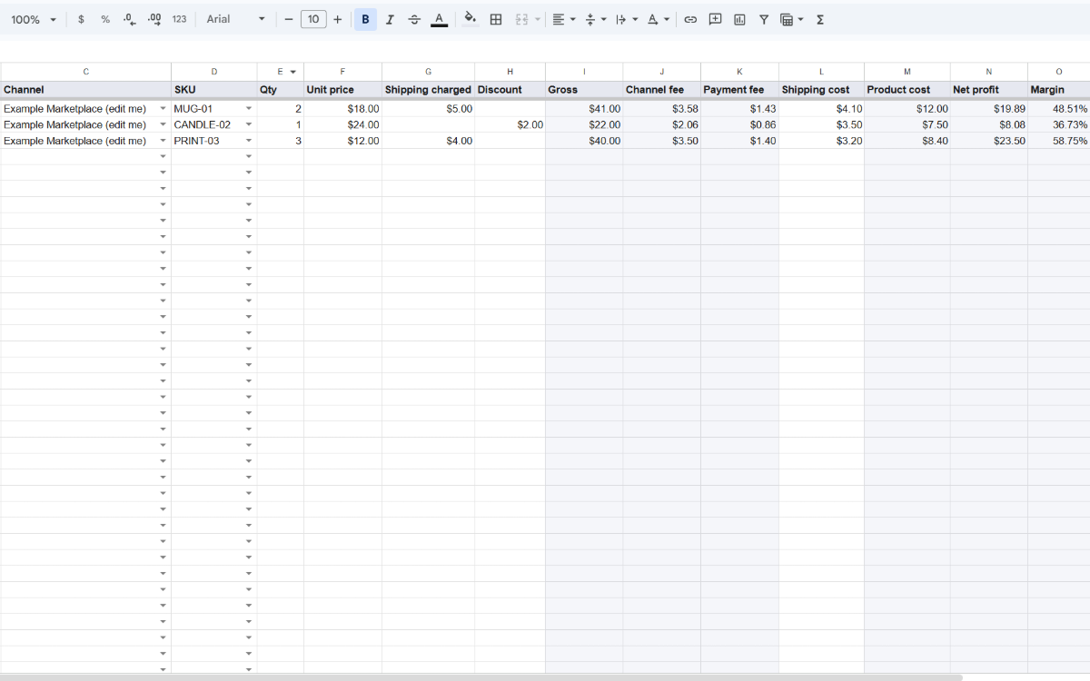 Orders tab of the Seller Order & Profit Tracker with fees, net profit and margin for each example order